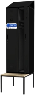 Umkleideschrank Spind mit Sitzbank BARCA - 2 Abteile, Etikettenhalter Lüftungsschlitze | Umkleidespind Metall Schließfachschrank Kleiderspind, 229,5x60x85cm Schwarz