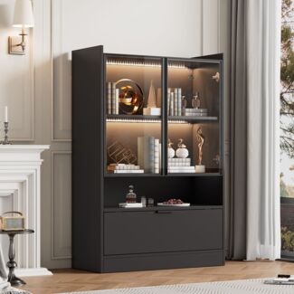 Vitrine B 80 x T 35 x H 120 cm aus Spanplatte, mattschwarz lackiert, mit LED & Glastüren