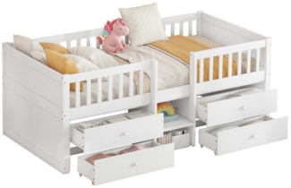 OKWISH Kinderbett Halbhohes Bett,Einzelbett,mit 4 Schubladen (Halbhohes Bett aus Kiefernholz mit 4 Schubladen, Sicherheitsgitter & Leiter –120 kg Tragkraft – Ohne Matratze, 90x200 cm), ohne Matratze
