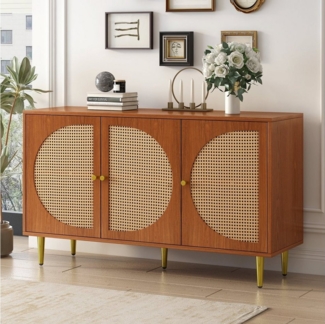HAUSS SPOLE Sideboard Schubladenkommode, Sideboard Highboard Kommode (mit 3 Rattan verzierten Türen Kommode Highboard mit Metallgriffe), Nussbaum 129.8 x 40 x 76 cm
