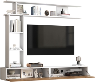 Merax 180cm TV Wohnwand-set mit Vitrinen, Mediawand inkl. TV-Board, Standregal und Wandregal, TV Wohnzimmermöbel-Set, TV-Schrank, stehend&hängend, TV bis 80', Weiß + Holzfarbe
