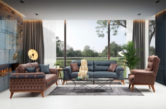 Sitzgruppe/Sofa Set - Wohnzimmergarnitur "Mayflower" 3+3+1+1-Türkis/Braun