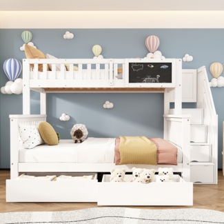 Merax 90*200cm & 140*200cm Kinder-Etagenbett, Doppelbett, multifunktionales Kinderbett, mit Tafel und Schubladen, ohne Matratze, weiß