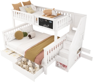 Merax Kinder-Etagenbett, mit Tafel und Schubladen, ohne Matratze, weiß, 90x200 cm & 140x200 cm