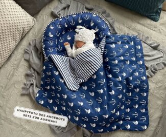 Loolay Kuschelnest BIO BAUMWOLLE BABYNEST Babykokon Neugeborene Babyaustattung Junge SET, (Kuschelnest Reisebett SOLO/ o. im Geschenk SETS, 1-tlg, 4 Jahreszeiten ANKER/ Streifen Dunkelblau Nestchen), LOOLAY® - 100% Europäische Stoffe und Kleinserien-Nä...