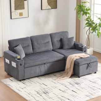 Flieks 3-Sitzer Schlafsofa aus Leinen, mit Chaiselongues, Stauraum, Seitentasche, Getränkehaltern und USB-Anschlüssen, Kohleschwarz