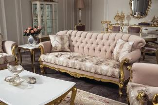 Casa Padrino Luxus Barock Wohnzimmer Sofa Rosa / Gold 220x82 x H. 95 cm - Massivholz Sofa mit elegantem Muster und dekorativen Kissen