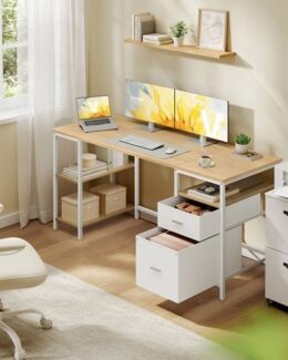 VASAGLE Schreibtisch mit 3 Ablagen, Bürotisch mit 2 Schubladen, 160 x 60 x 76 cm, moderner Stil, eichenfarben-weiß