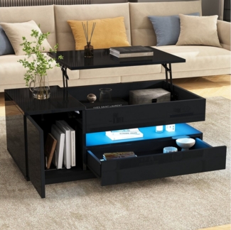 Merax Couchtisch anhebbarer Sofatisch hochglanz Beistelltisch mit LED-Beleuchtung (hydraulische Hebefunktion, modern & funktional, 1-St, Höhenverstellbare Tischplatte), Wohnzimmertisch mit Schublade, Schrank & versteckter Stauraum