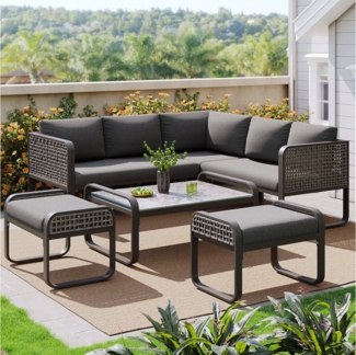 Flieks Gartenlounge-Set, 7-Sitzer Polyrattan Gartenmöbel Balkonset mit verstellbaren Fußpads