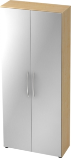 bümö Mehrzweckschrank 80cm breit, Aktenschrank o. Schuhschrank hoch, Schrank mit Regal, Küchenschrank in Ahorn/Silber aus Holz, Vorratsschrank & Haushaltsschrank mit Metallgriffen, 4100-3-S