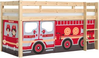 Vipack 'Pino' Halbhochbett 90x200 cm, natur, Kiefer massiv, mit Textilset 'Fire Rescue'