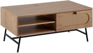 Couchtisch 100 x 60 x 45 cm Wohnzimmertisch mit Eiche-Dekor & Rattan, Sofatisch Rechteckig mit Stauraum, Kaffeetisch mit Schublade, Tisch Wohnzimmer mit Metallbeine