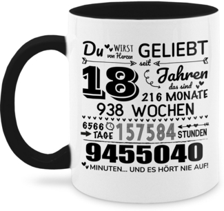 Shirtracer Tasse Endlich 18 - Du wirst von Herzen geliebt, 18. Geburtstag, Besondere, Keramik, 18. Geburtstag Tasse