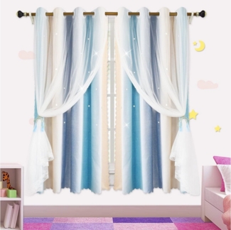 Sunicol Scheibengardine Fenstervorhang,Doppellagig,Schleife Garn Tüll,Hollow-Out Ombre Sterne, Öse (1 St), stark perforiert, W*H: 132x160cm,132x215cm,132x243cm