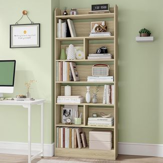 Bücherregal, Bücherschrank, mit 7 Fächern, Aufbewahrungsregal, Standregal, für Wohnzimmer, Büro, Schlafzimmer, 24 x 60 x 199,2 cm, Eichenbeige
