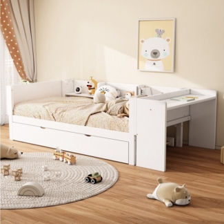 TavilaEcon Stapelbett Multifunktionales Kinderbett mit Schreibtisch & Ausziehbett, 3 seitliche Regale, 90x200cm (ausziehbar auf 180cm)