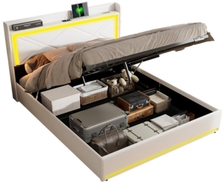 FUROKOY Polsterbett LED-Beleuchtung Kunstleder Hydraulisch Doppelbett Stauraum, 160x200cm mit USB Typ C Ladefunktion,Bettkasten,Weiß