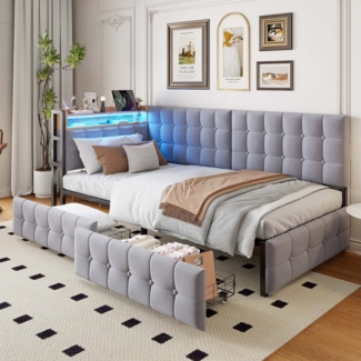 MODFU Schlafsofa mit LED & USB, Polsterbett mit Schubladen, Multifunktionales Kinderbett mit Stauraum 90x200 cm, Mit Matratze