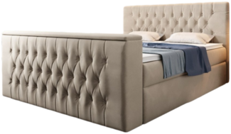 Designermöbel 'Velano' Boxspringbett mit TV Lift und Stauraum, Federkernmatratze H2, Samt beige, 160x200 cm