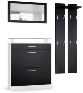 Vladon Garderobe Loret mini, Garderobenset bestehend aus 1 Schuhschrank, 1 Wandspiegel und 2 Garderobenpaneele, Weiß matt/Schwarz matt
