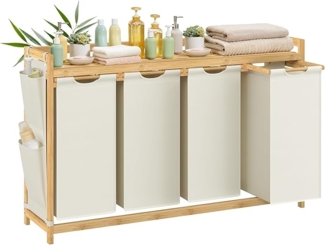SONGMICS Wäschekorb 4 Fächer, Bambus, Wäschesammler 200 L, Wäschesortierer, mit Ablage, Wäschesack, kleine seitliche Taschen, Wäscheregal, 4 x 50 L, 124,6 x 33 x 78 cm, cremeweiß RLHDE120W01