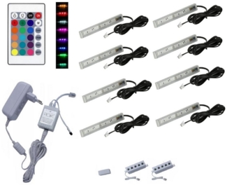 QLS LED Unterbauleuchte RGB 12V 2-8 Stück Weiß, LED fest integriert, Glasbodenbeleuchtung Lichtleiste Fernbedienung 16 Farben Dimmbar