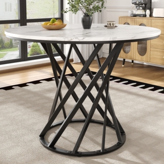 Merax Runder Esstisch (80×80×76cm), Küchentisch,, Runder Kaffeetisch für 4, Tischbeine aus Metall, Weiß MDF marmorierte Tischplatte, Schwarze Tischbeine