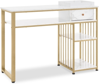 M MCombo Schreibtisch mit Schubladen, Nageltisch mit Regal, Manikürtisch aus Holz Metallgestell, Schminktisch ohne Spiegel Wohnzimmer Modern, Marmor-Weiß Gold, 2498