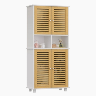 MSMASK Hochschrank Badezimmerschrank mit 4 Bambustüren und 3 offenen Fächern (1-St) 60 x 30 x 128 cm, Weiß