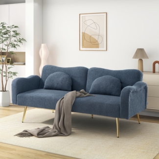 Merax Schlafsofa Zweisitzer-Sofabett - Modernes Zweisitzersofa mit verstellbarer Rückenlehne + vergoldeten Metallfüßen, integrierter Bettfunktion, Blau