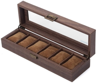 BTTO Uhrenbox Uhrenkasten 6/10/12 Fächern, Glasdeckel, Geschenkidee, Holzfarbe