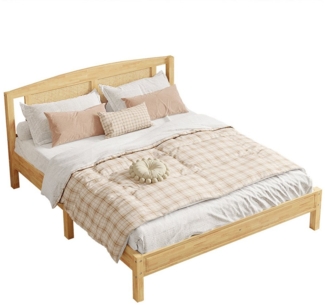 Sweiko Holzbett Doppelbett Rattanbett Holzbett Jugendbett Erwachsenenbett (Rattannetzkissen mit 15 Latten und Mittelfüße, 160X200cm Kiefer + PE-Rattan), Natur ohne Matratze