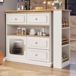 Ausziehbarer Bartisch 125–181 cm, Weiß Sideboard drehbar 360° mit Schubladen, Glasfront, Regal, Stauraum und Aluminium-Griffen