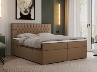 Boxspringbett mit 2 Bettkästen, Matratze und Topper - PERA - 140x200cm - Braun Kunstleder - H3