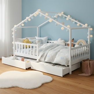 Bellabino 'Bia' Hausbett 120x200 cm mit 2 Schubladen, weiß, Kiefer Massivholz, Montessori Kinderbett mit Stauraum, inkl. Rausfallschutz und Lattenrost