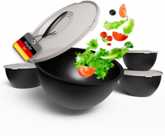 BigDean Salatschüssel Set groß mit Deckel, 4 Größen 0,7-6 L in Anthrazit Schwarz, Kunststoff BPA-frei