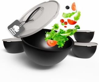 BigDean Salatschüssel Set groß mit Deckel, 4 Größen 0,7-6 L in Anthrazit Schwarz, Kunststoff BPA-frei