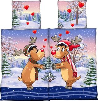 Buymax Bettwäsche Fleece Bettbezug-Set Cartoon, Fleece, 4 teilig, 135x200 cm, 4-teilig, Winter Bettwäsche Set, Schnee, Rentiere, Tannen