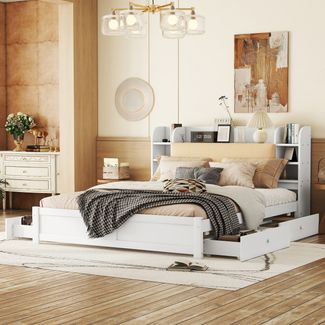 Bett 180x200 cm mit Stauraum und 4 Schubladen – weißes Kiefernholz, teilaufklappbares Kopfteil