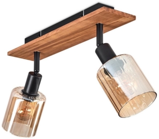 hofstein Deckenleuchte Deckenlampe aus Metall/Holz/Glas in Schwarz/Natur/Bernstein, ohne Leuchtmittel, moderne Industrial-Design Leuchte, mit Glasschirmen (8 cm), 2 x E14