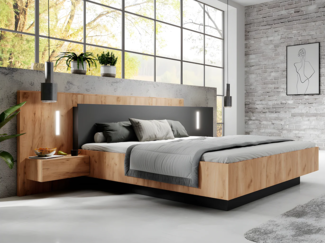 Vente-unique - Bett mit Nachttischen + Lattenrost + Matratze - 160 x 200 cm - 2 Schubladen + LEDs - Holzfarben & Anthrazit - FRANCOLI