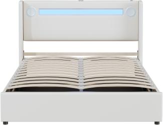 Merax Polsterbett 140x200 Bett mit LED-Lichtleiste, Bluetooth-Player und USB-Aufladung, Stauraumbett aus PU-Leder, Doppelbett Weiß