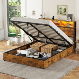 HAUSS SPOLE Stauraumbett 140x200 cm mit LED-Beleuchtung, Fernbedienung, großer Stauraum, Braun (farbwechselnde LED-Umgebungsbeleuchtung, 24-Tasten-Fernbedienung, großer Stauraum im Bettkasten, 140*200cm), ohne Matratze