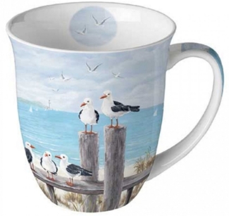 Ambiente Luxury Paper Products Becher Mug, Maritim, Strand, am Meer, Küste Tiere, Porzellan Möwen, Kaffee / Tee Tasse Sommer Kollektion