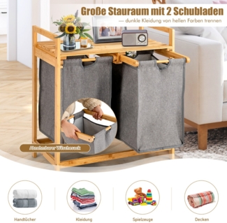 Bambus-Wäschekorb mit zwei Fächern 2-Teiliger Wäschekorb 64 x 33 x 73 cm Grau