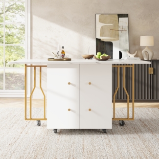 Ausziehbarer Esstisch Weiß-Gold 80–140 x 75 x 76,3 cm, stabiler Rolltisch mit Metallrahmen für Wohn- und Arbeitsbereich