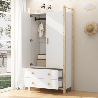 Merax Kleiderschrank 180 cm – 2-türig mit Kleiderstange & 2 Schubladen, weiß, Spanplatte