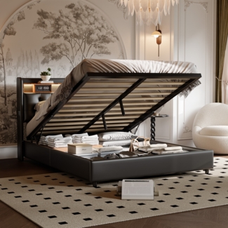 160x200cm Schwarzes PU-Bett mit LED-Beleuchtung und Gasdruck-Stauraum