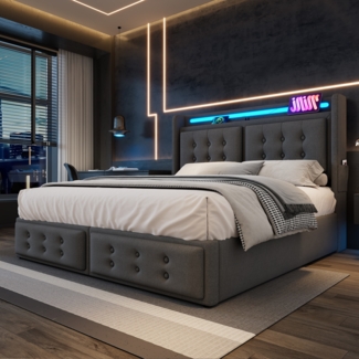 Polsterbett 160×200 cm mit Ladefunktion & LED-Beleuchtung, Stauraum, Baumwoll-Leinen Bezug Grau